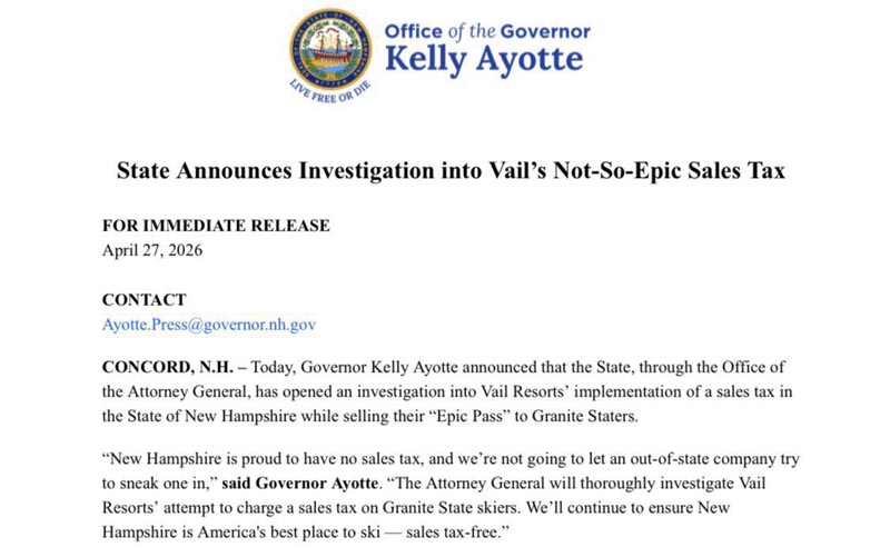 Article: New Hampshire Launches Investigation into Vail Resorts Sales Tax