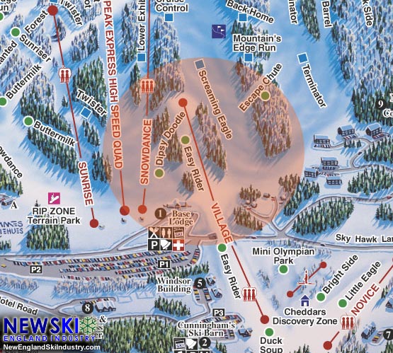 Mt. Ascutney Trail Map with 2015-16 lift served area in orange